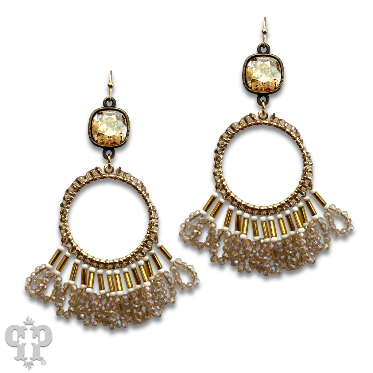 Faceted bead fringe and Austrian crystal dangle earring