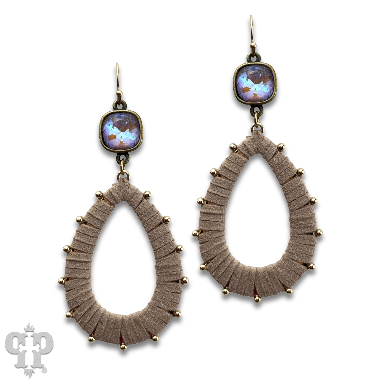 Cream suede teardrop and Austrian crystal dangle earring