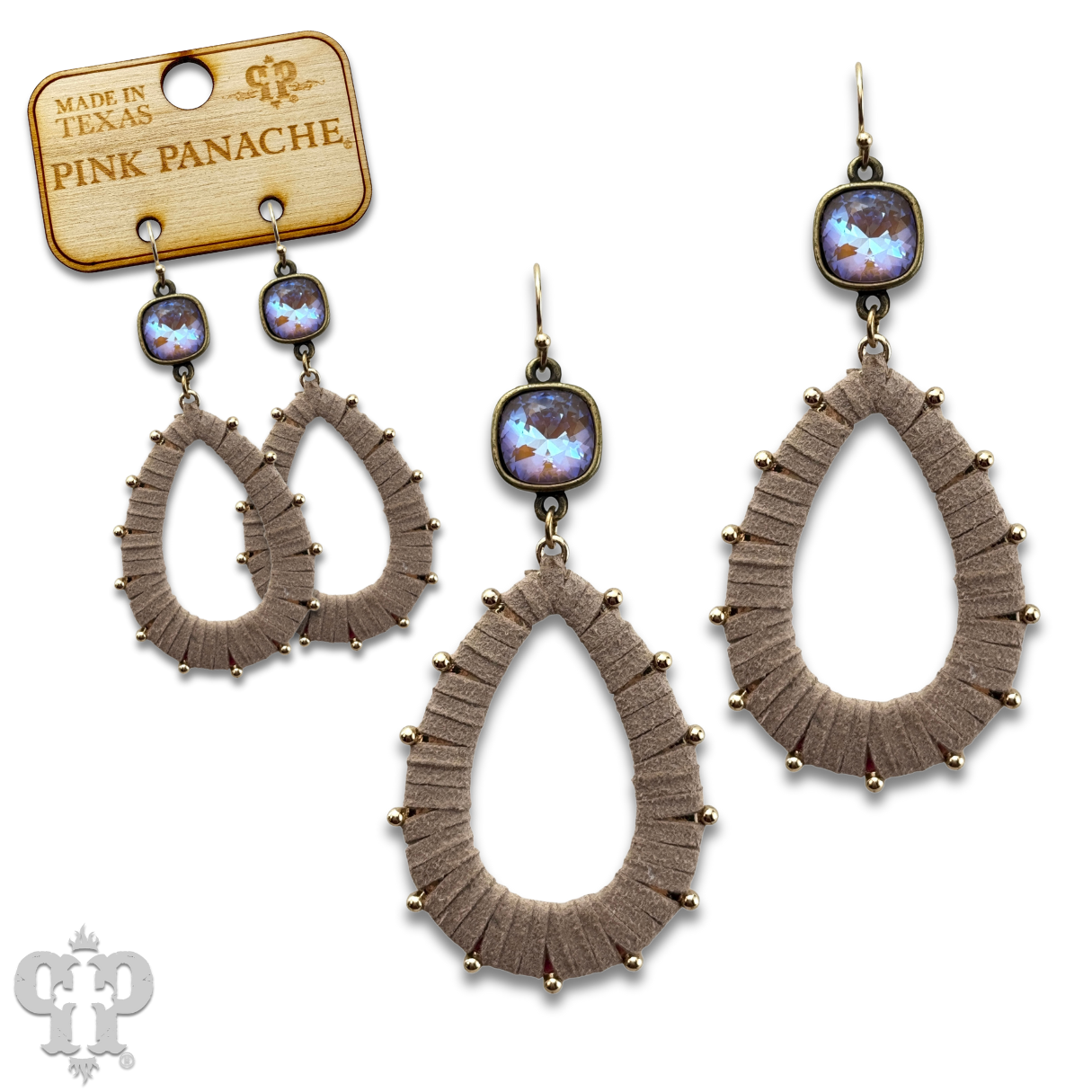 Cream suede teardrop and Austrian crystal dangle earring