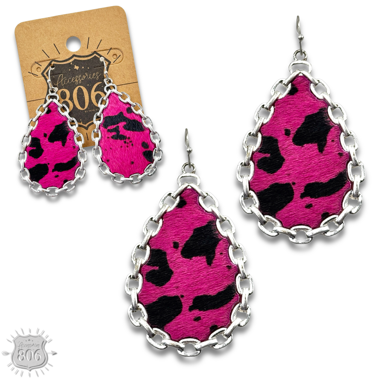 Chain link, cow print teardrop earring