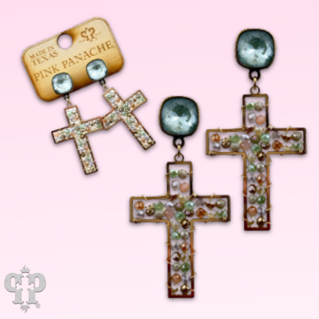 Faceted bead wrapped cross earring, Austrian crystal