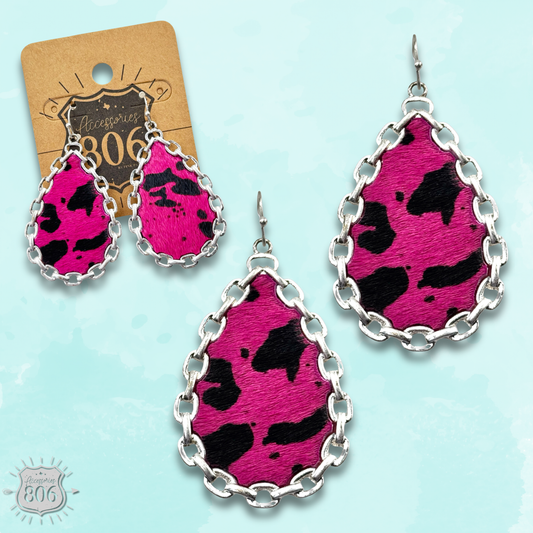 Chain link, cow print teardrop earring