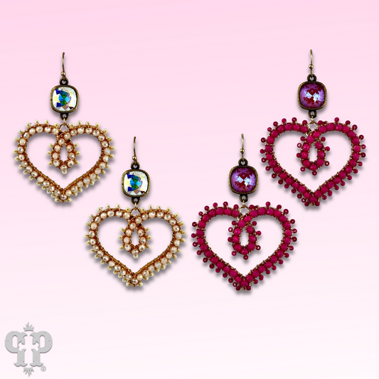 Bead wrapped scroll heart earrings with Austrian crystals