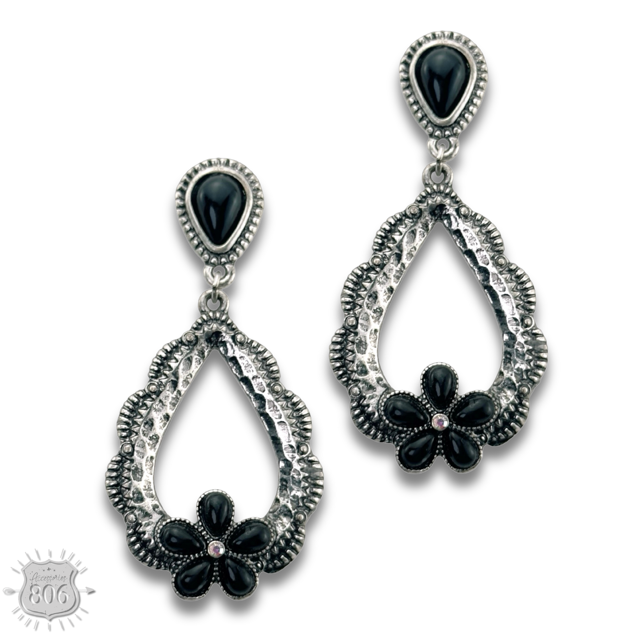 Stone flower open teardrop earring