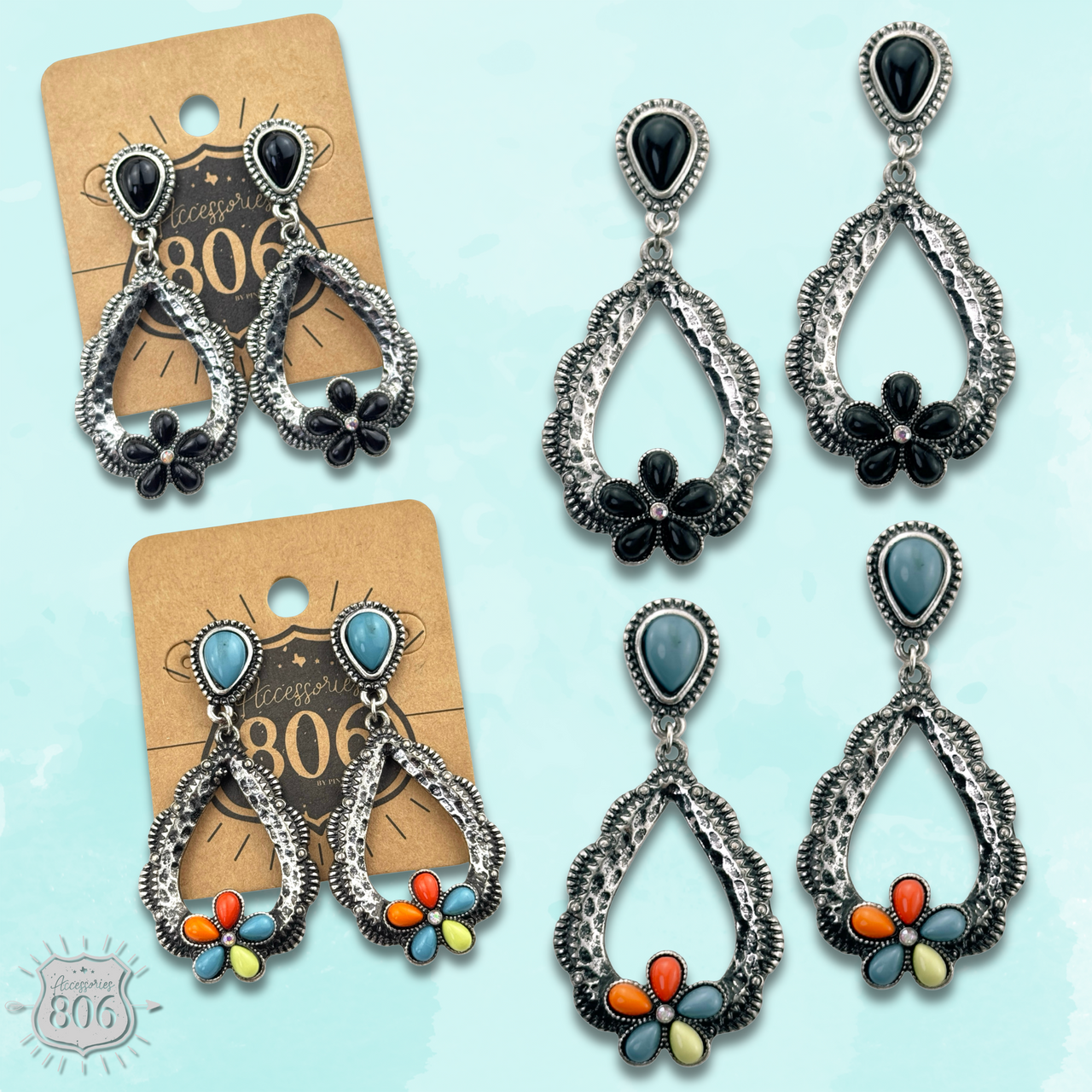 Stone flower open teardrop earring