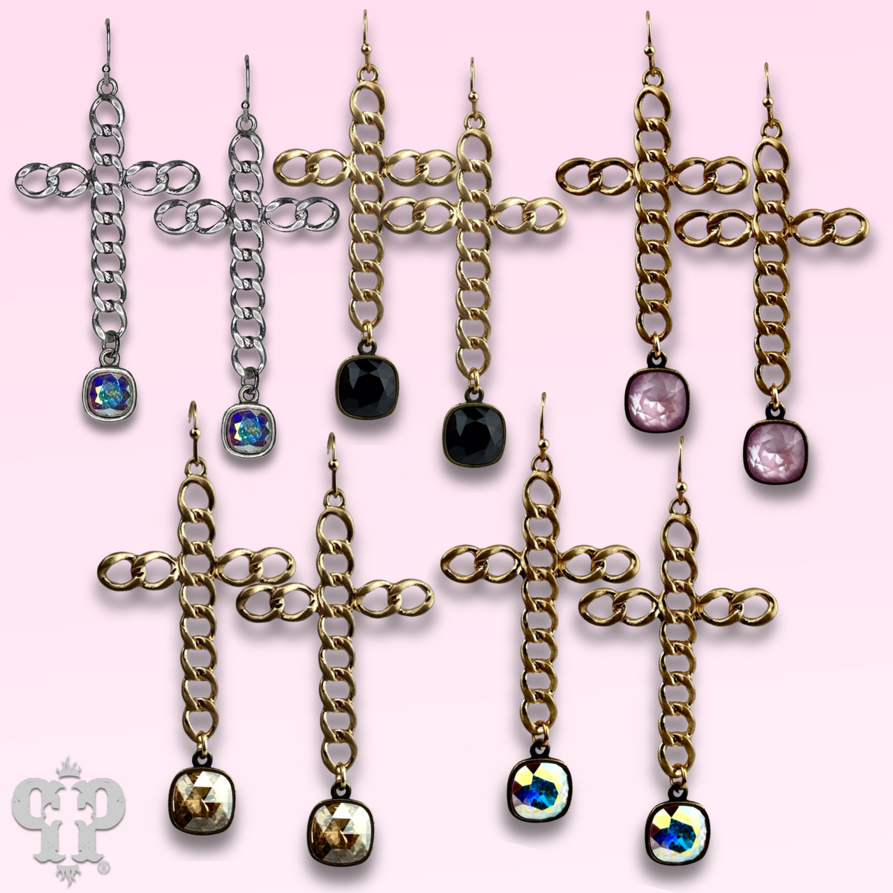 Curb link cross earring with Austrian crystal