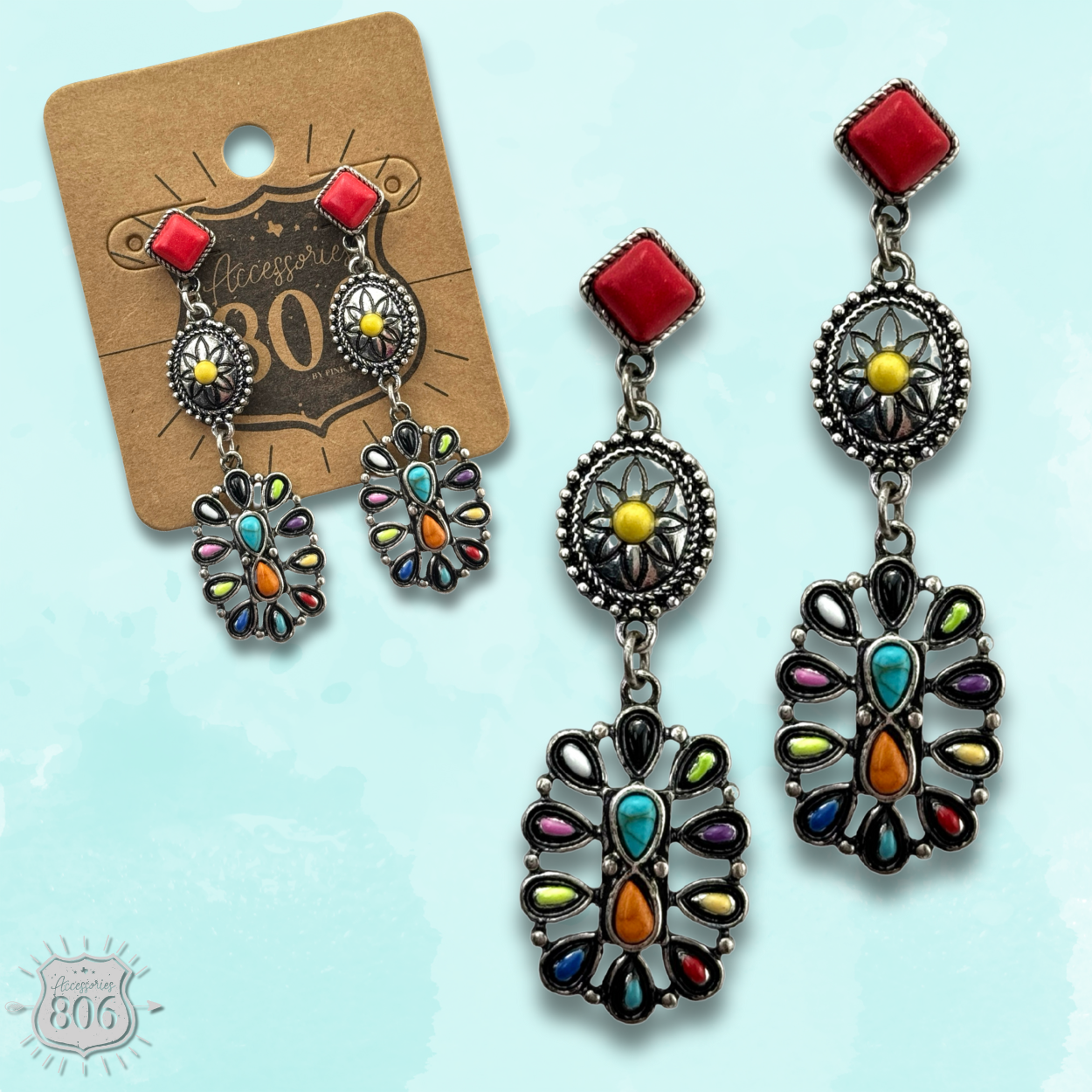 Flower concho post, triple drop earring