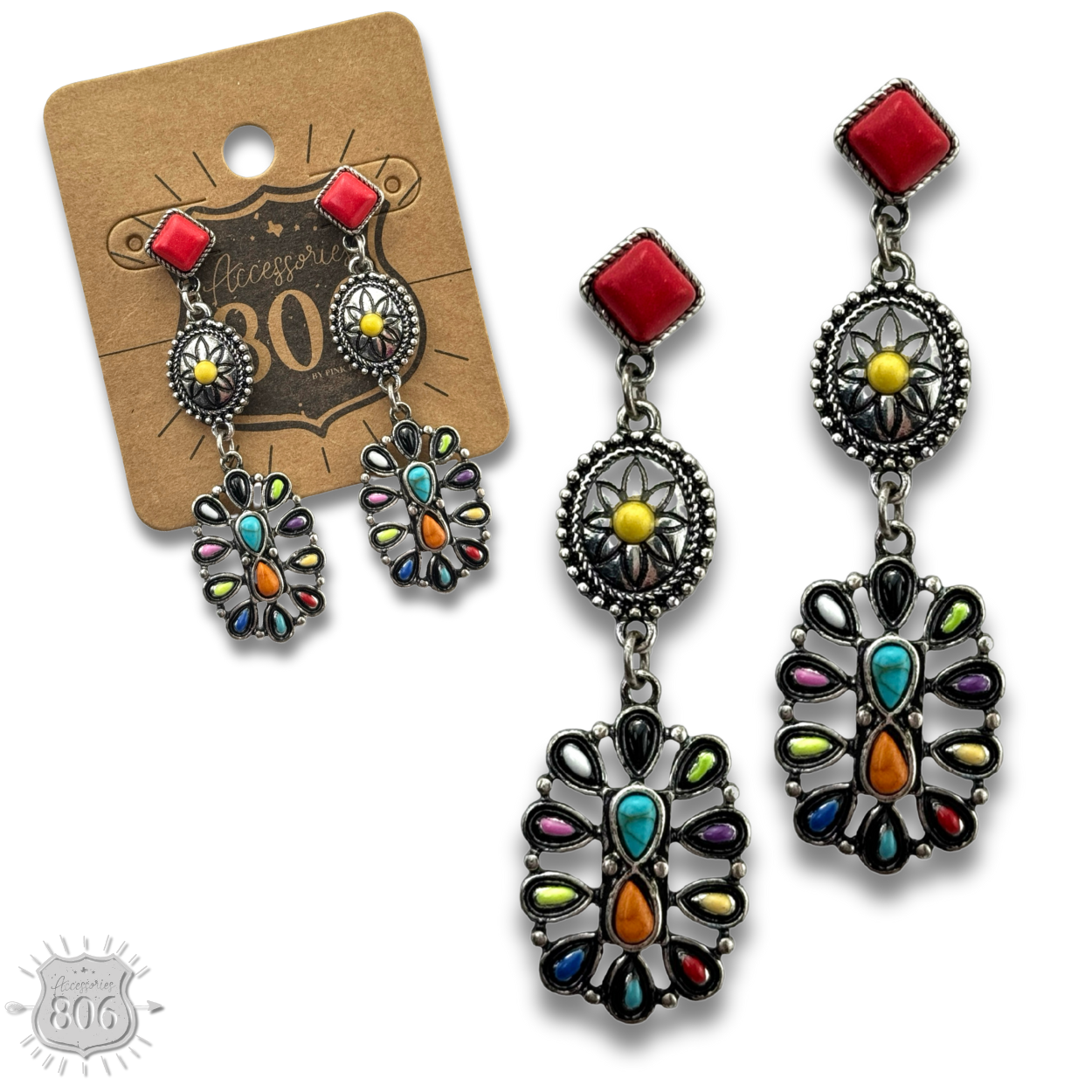 Flower concho post, triple drop earring