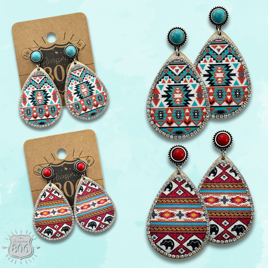Western print wood teardrop earring