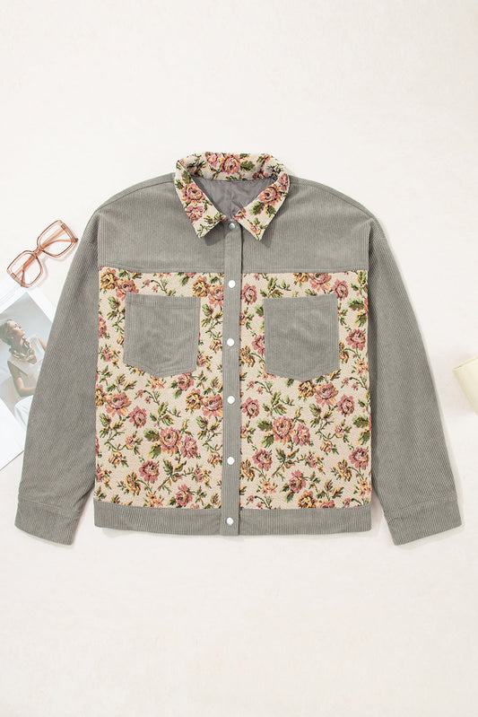 Plus Size Floral Patchwork Corduroy Pocketed Jacket