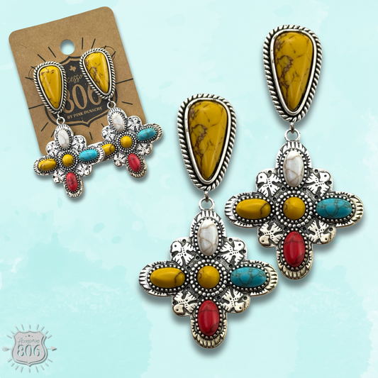 Multi-color four point cross earring