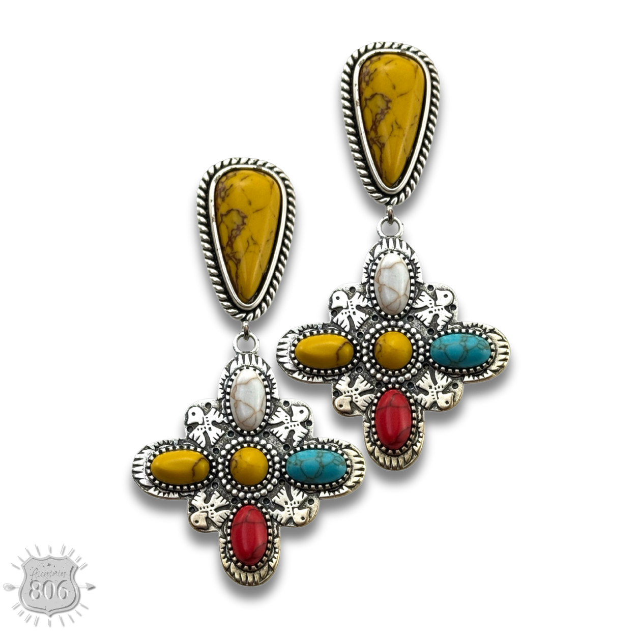 Multi-color four point cross earring
