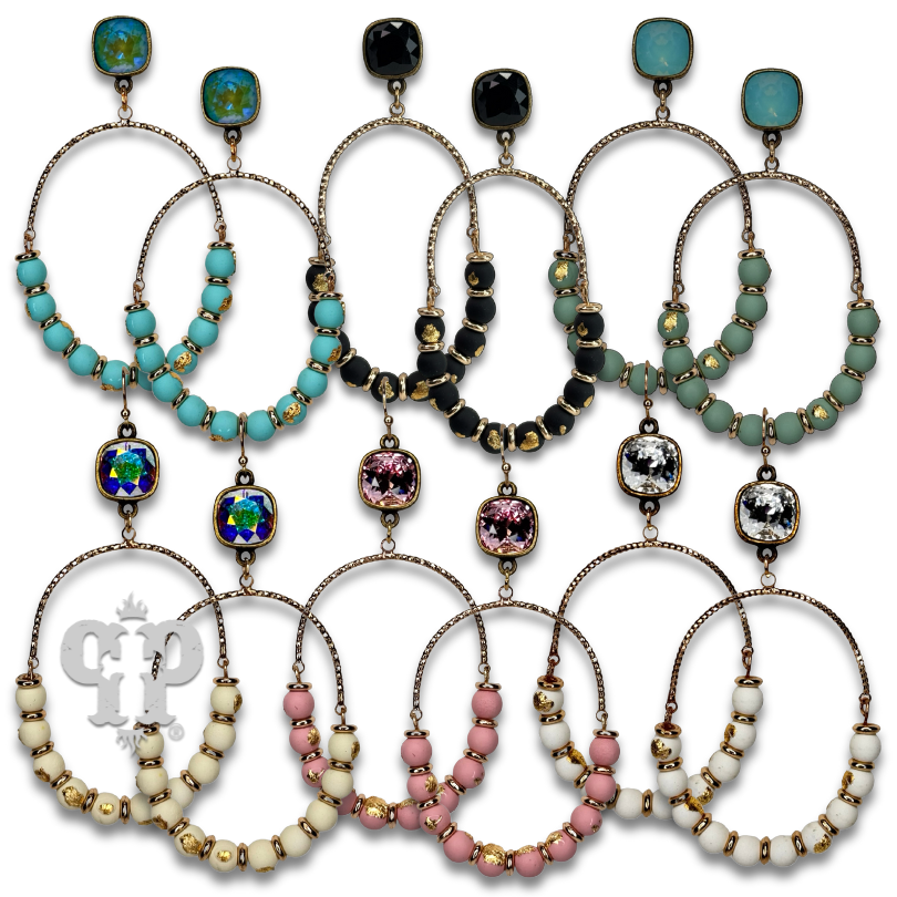 Oval gold flecked bead earring with Austrian crystal