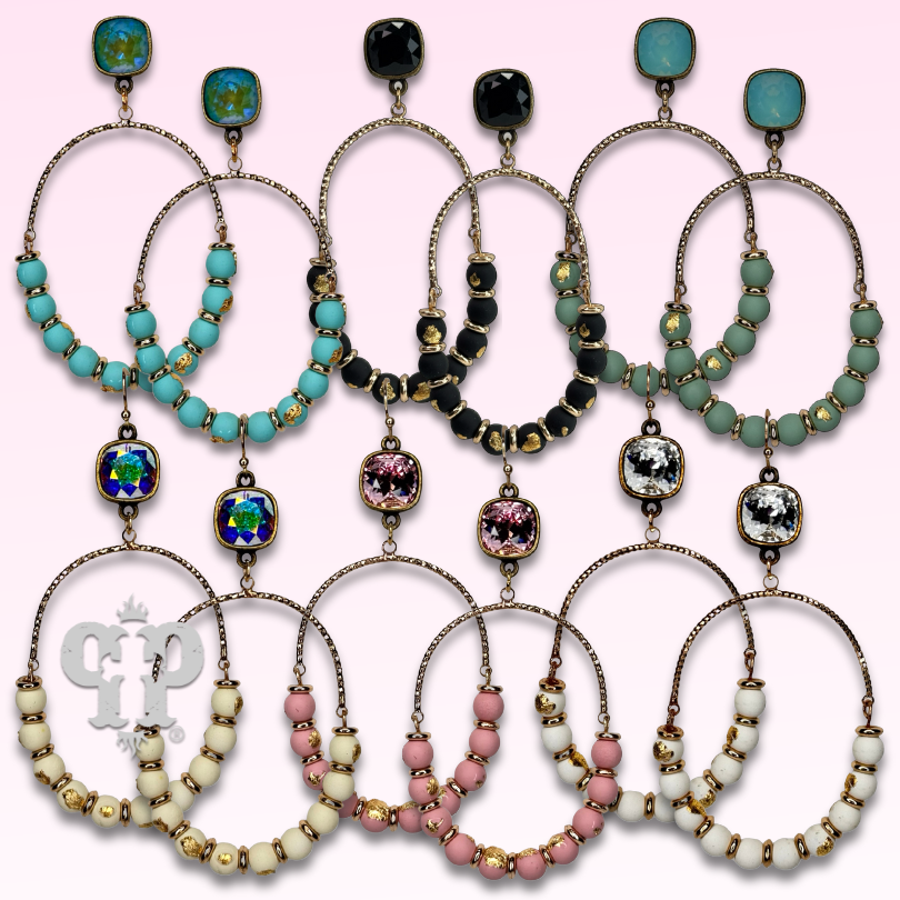 Oval gold flecked bead earring with Austrian crystal