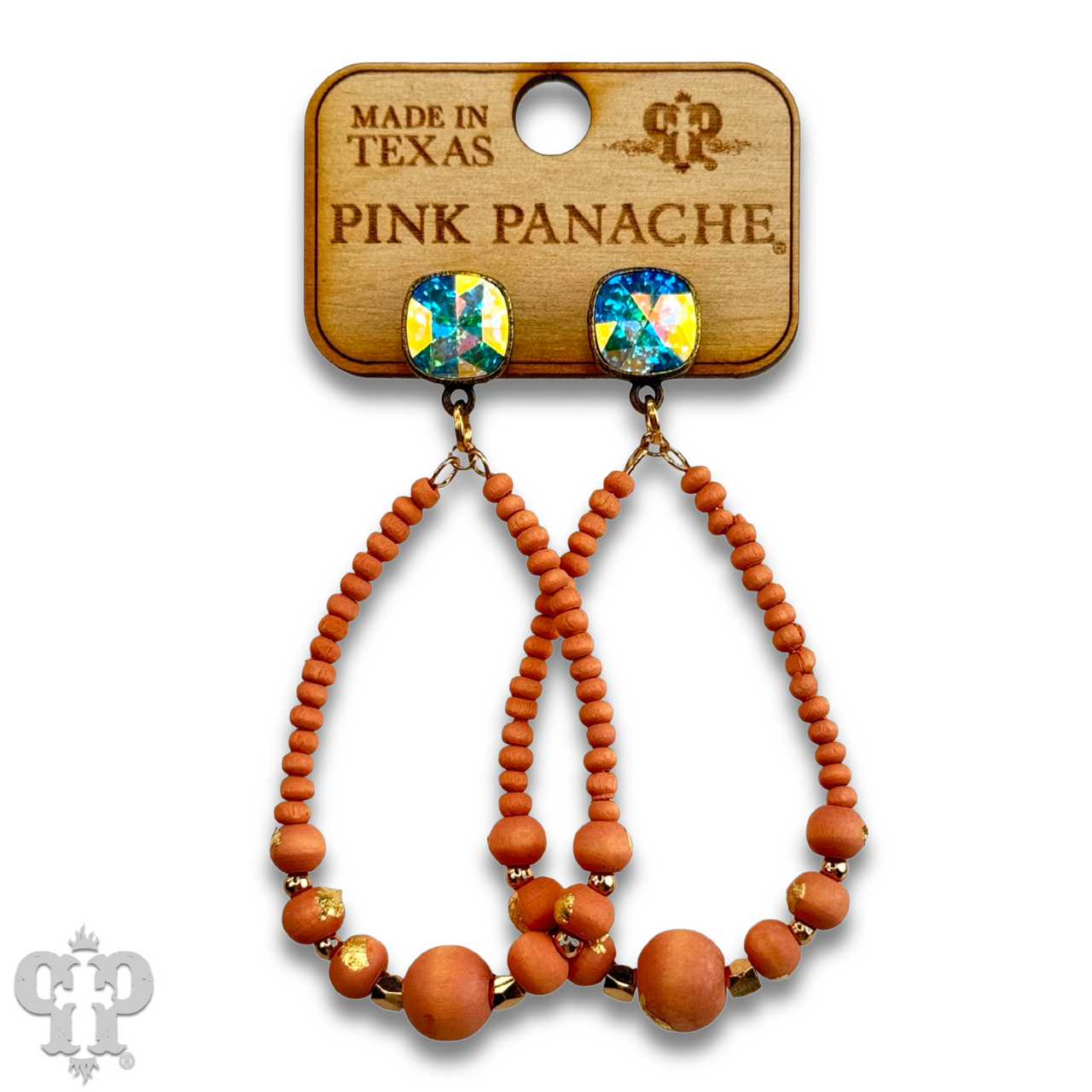Graduated wood bead teardrop earring with Austrian crystal