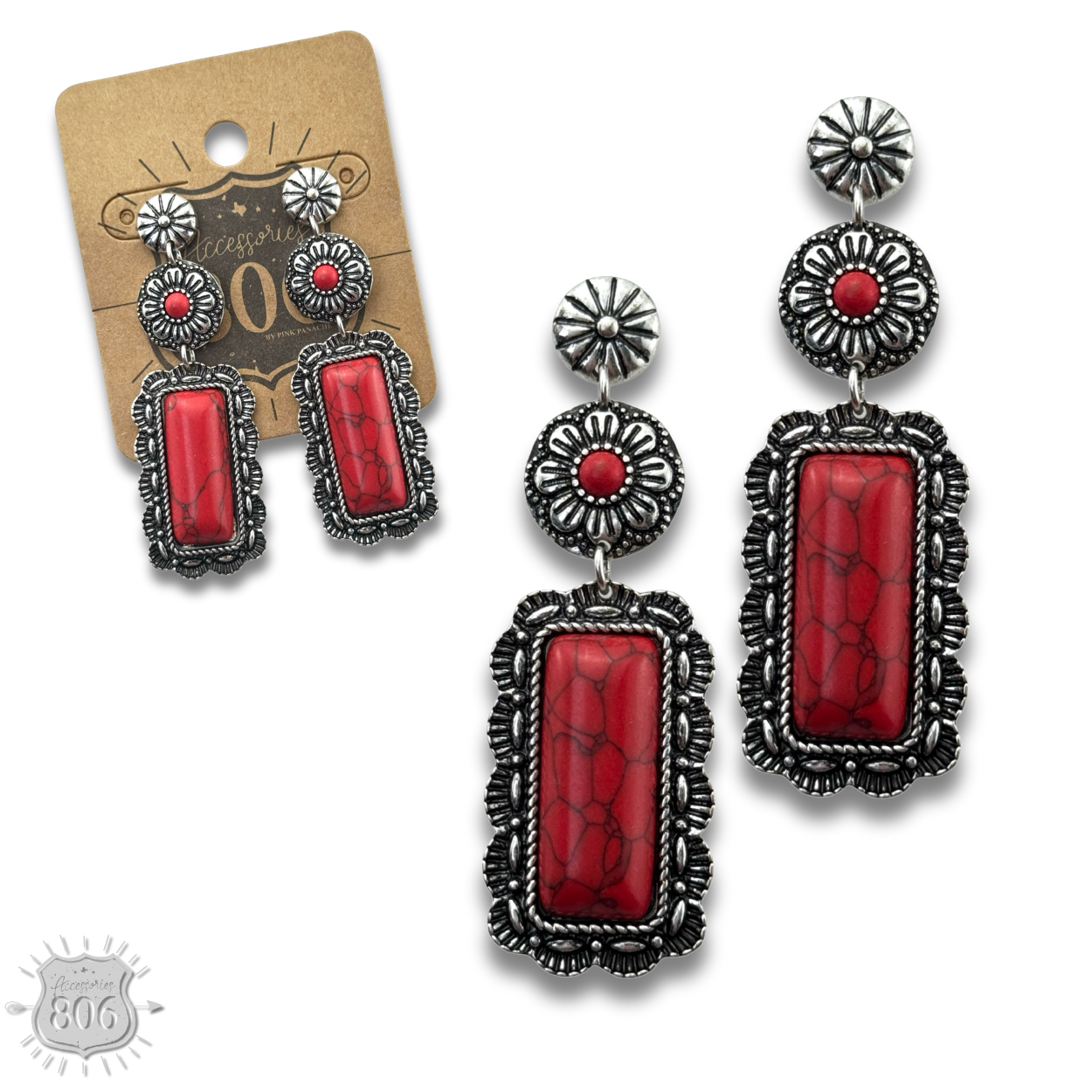 Western stone rectangle, silver post earring