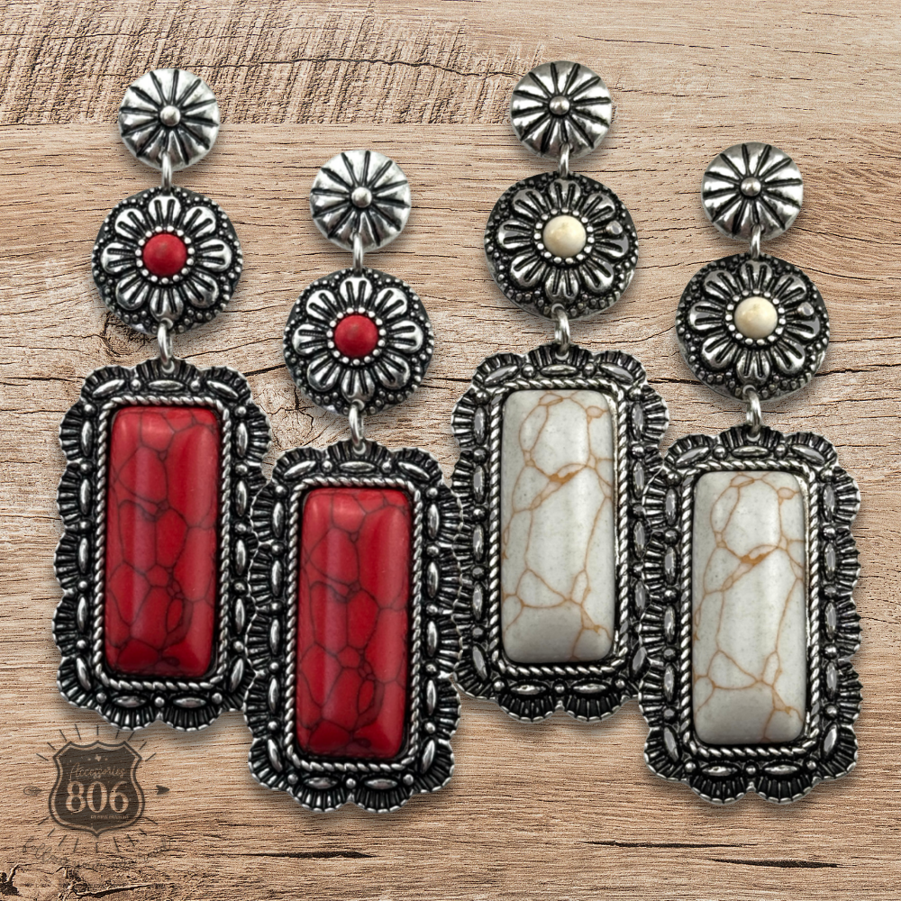 Western stone rectangle, silver post earring