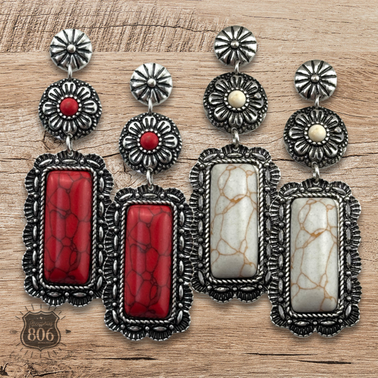 Western stone rectangle, silver post earring