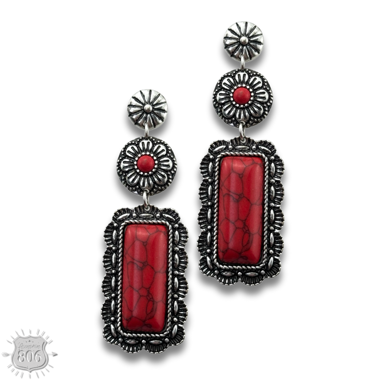 Western stone rectangle, silver post earring