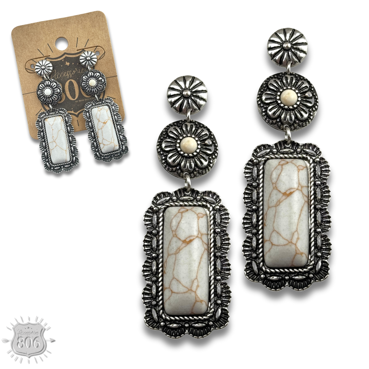 Western stone rectangle, silver post earring