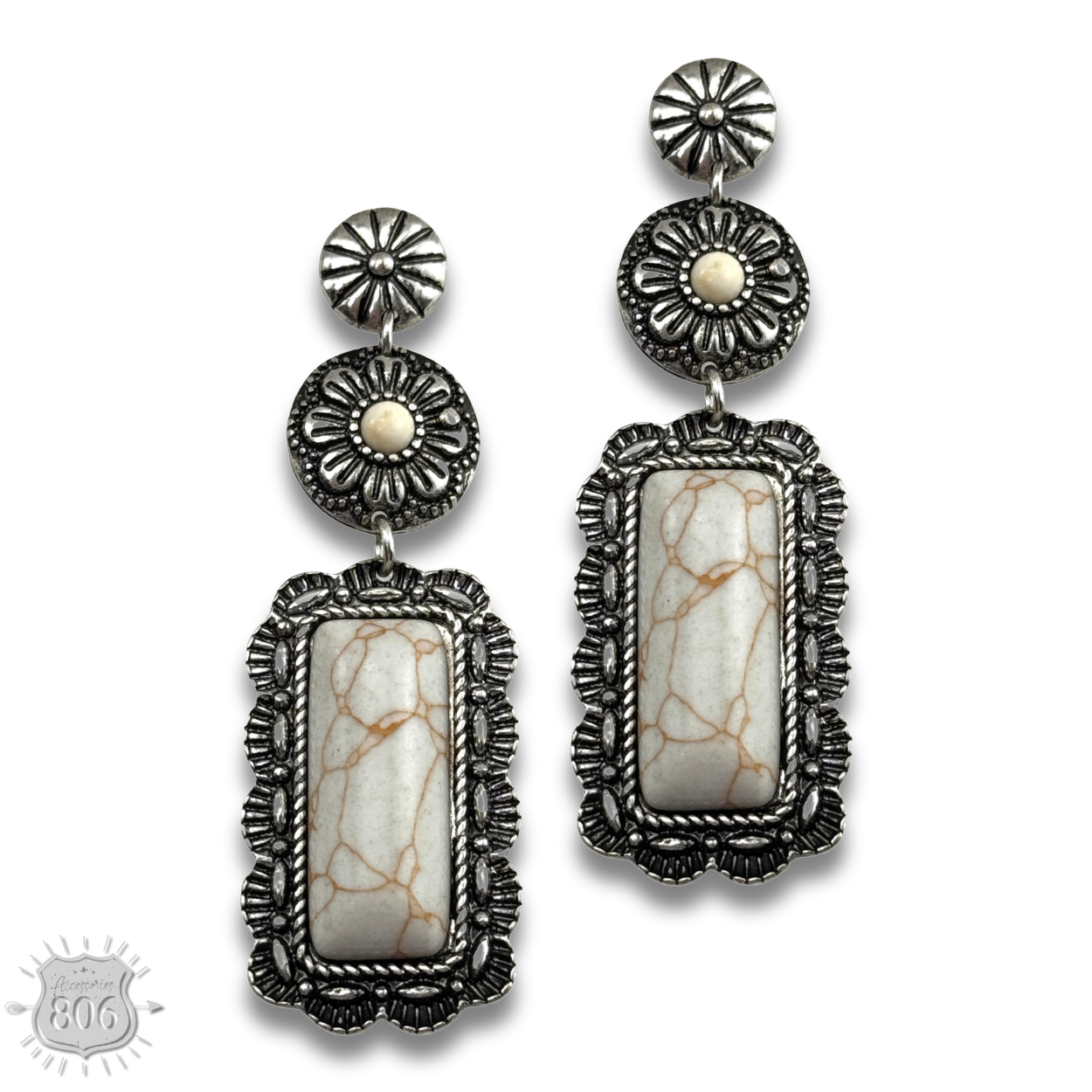 Western stone rectangle, silver post earring