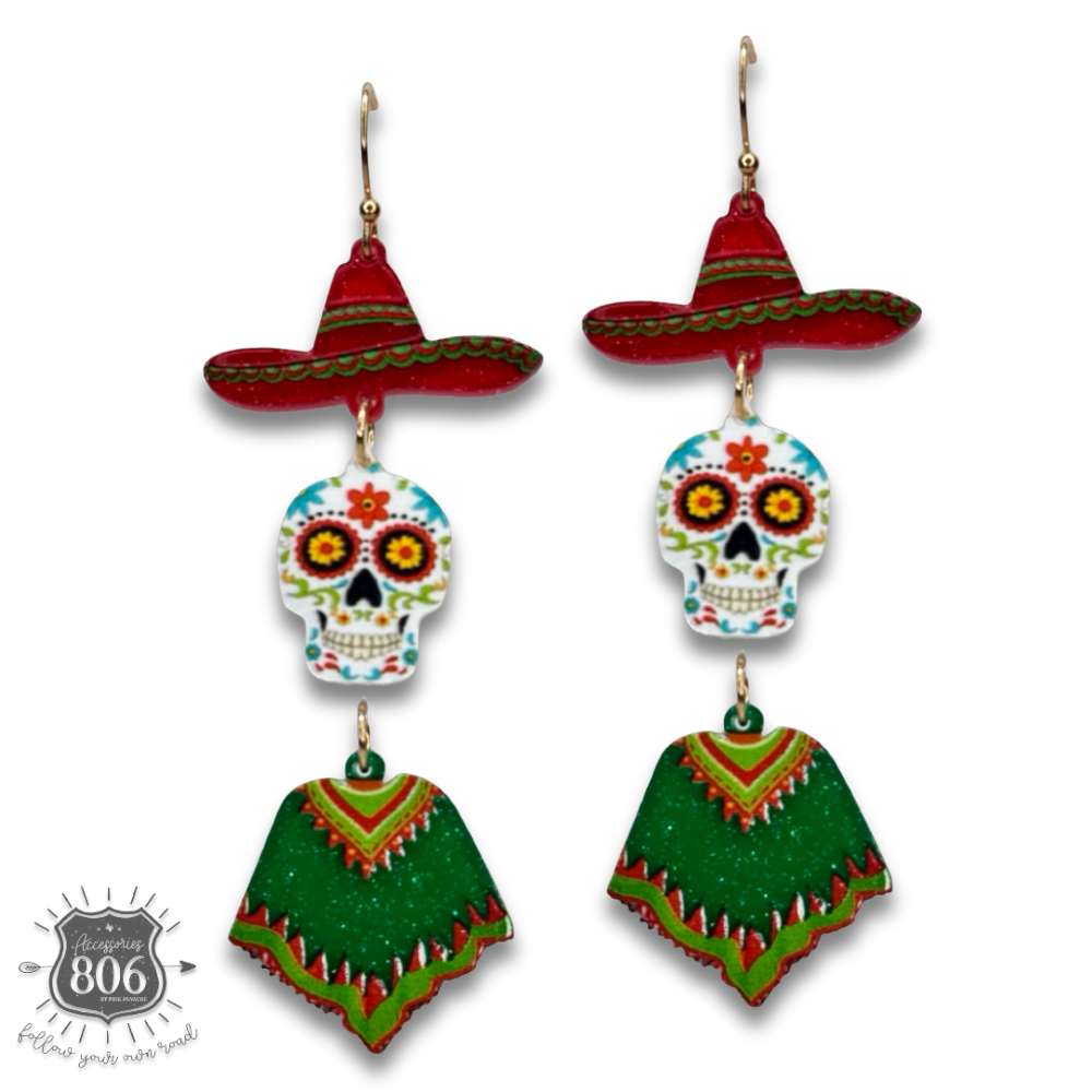 Sugar skull with poncho earring