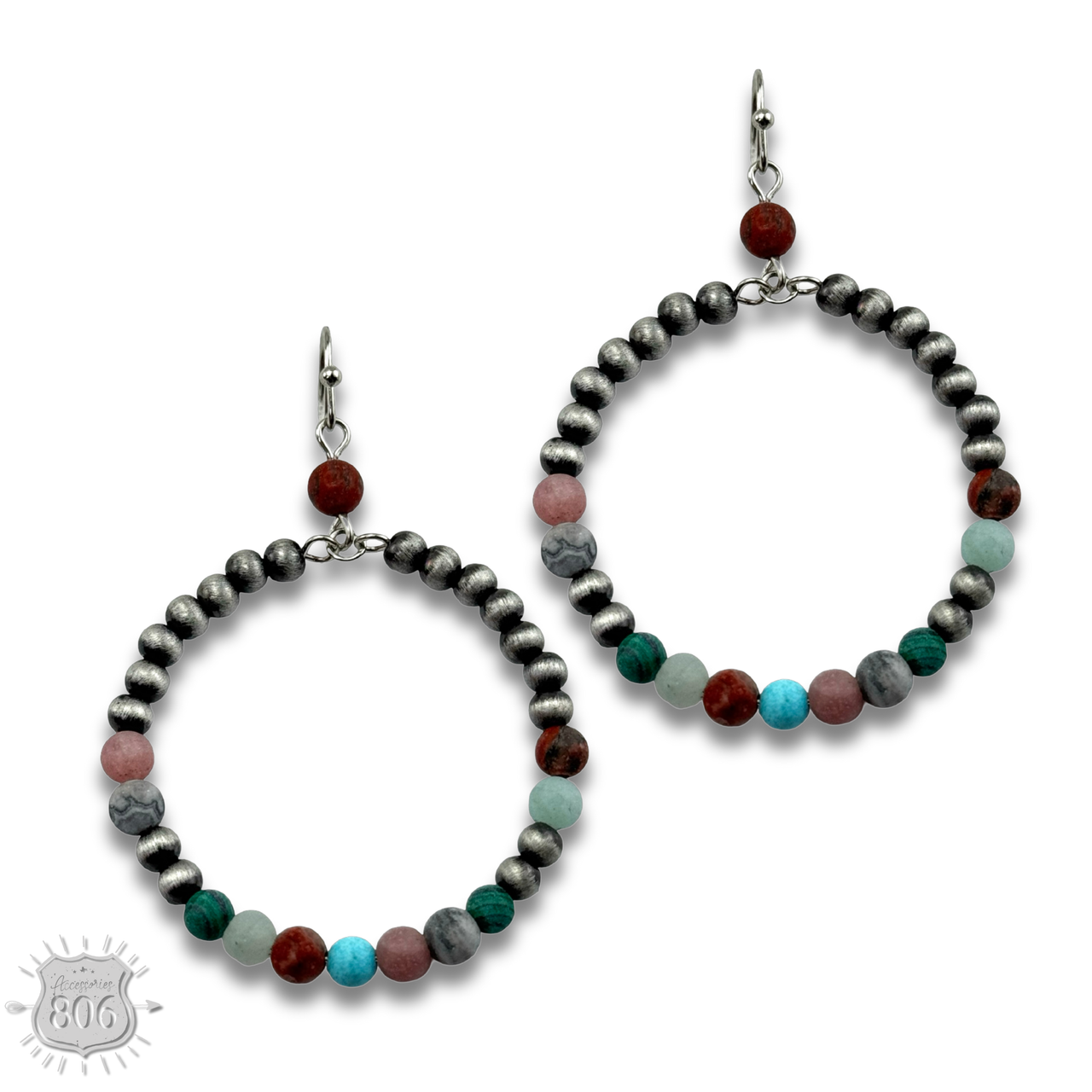 Burnished bead and stone circle earring