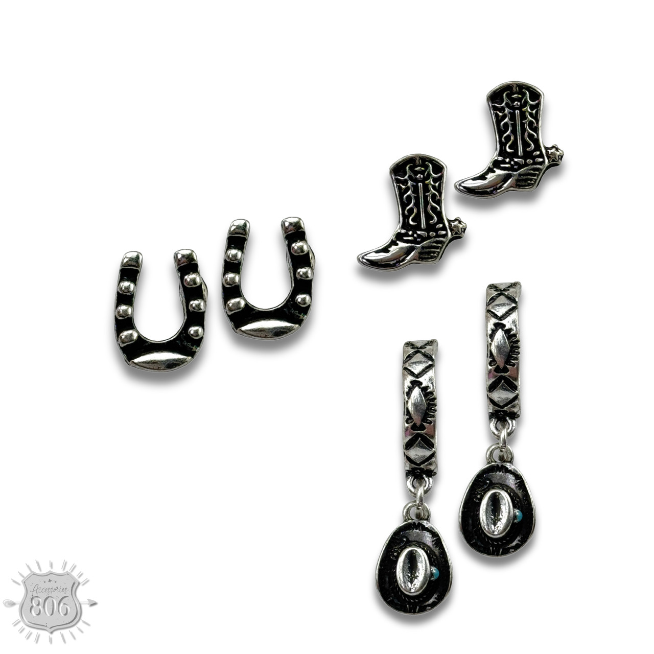 Western silver charm and post earring set