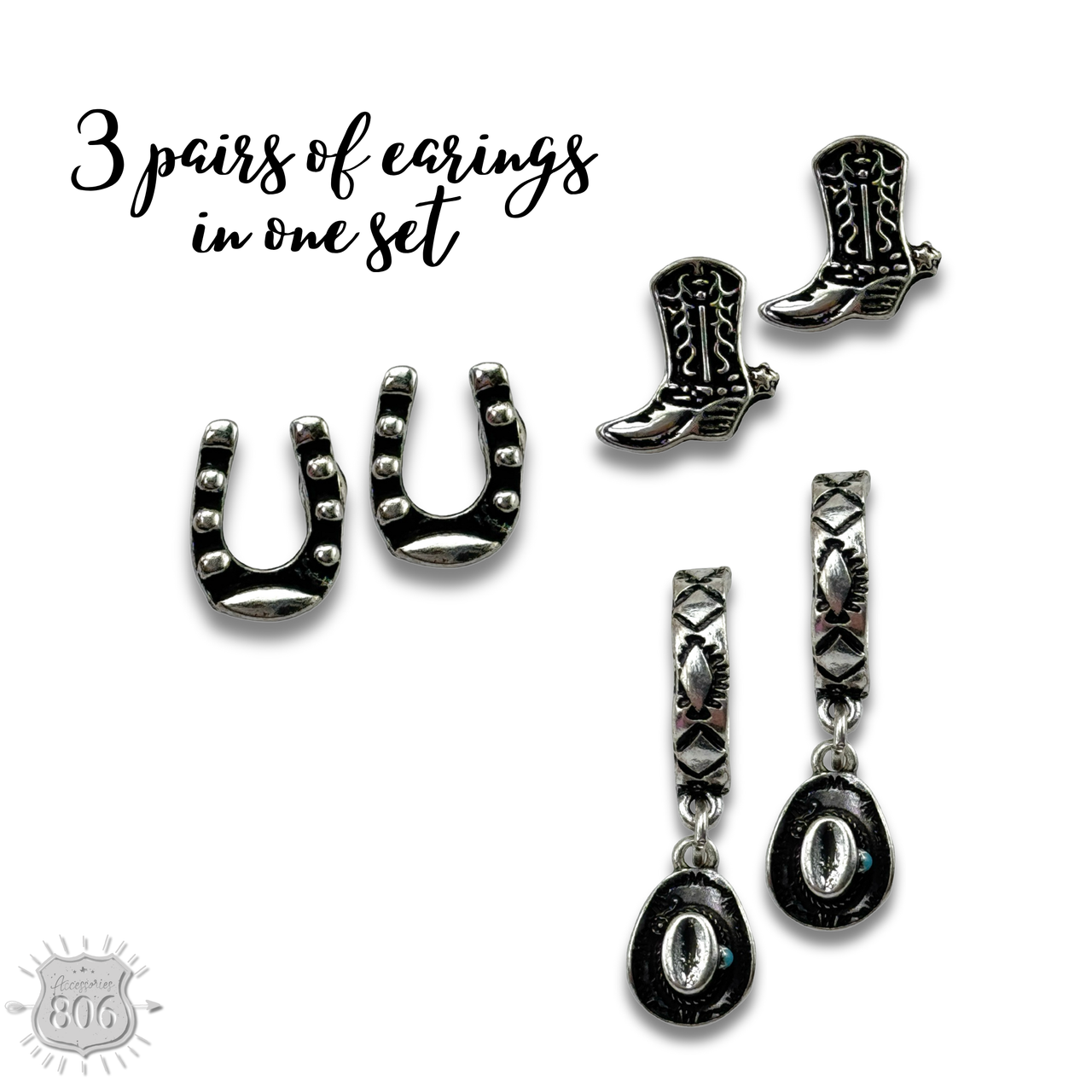 Western silver charm and post earring set