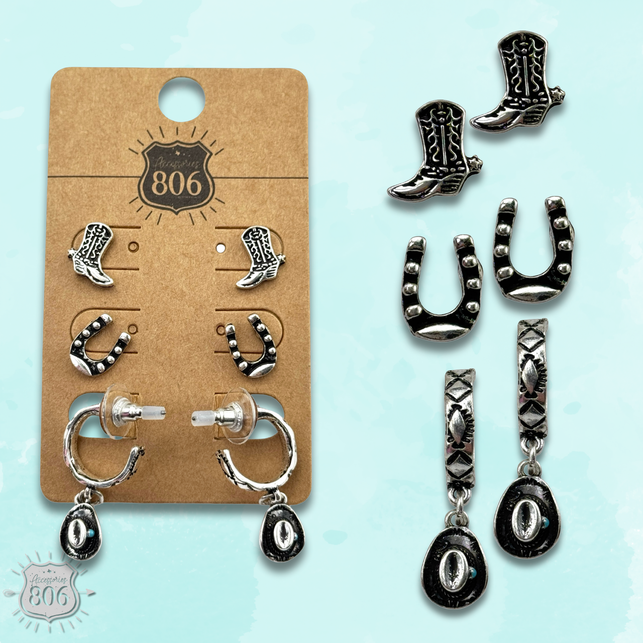 Western silver charm and post earring set
