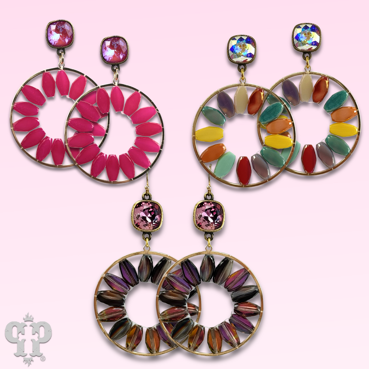 Flat oval beads circle earring with Austrian crystal