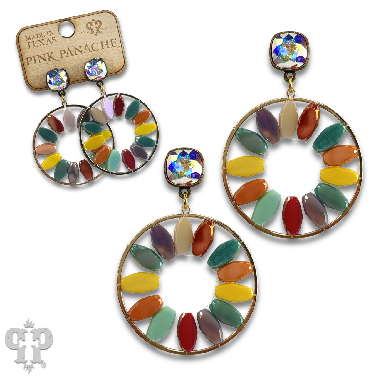 Flat oval beads circle earring with Austrian crystal