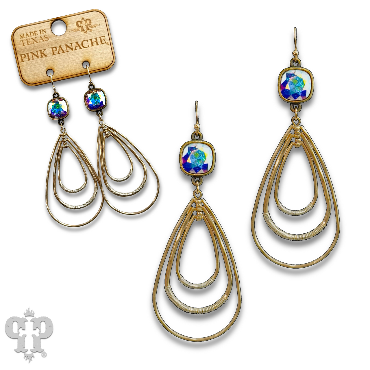 Matte gold triple teardrop earring with Austrian crystal