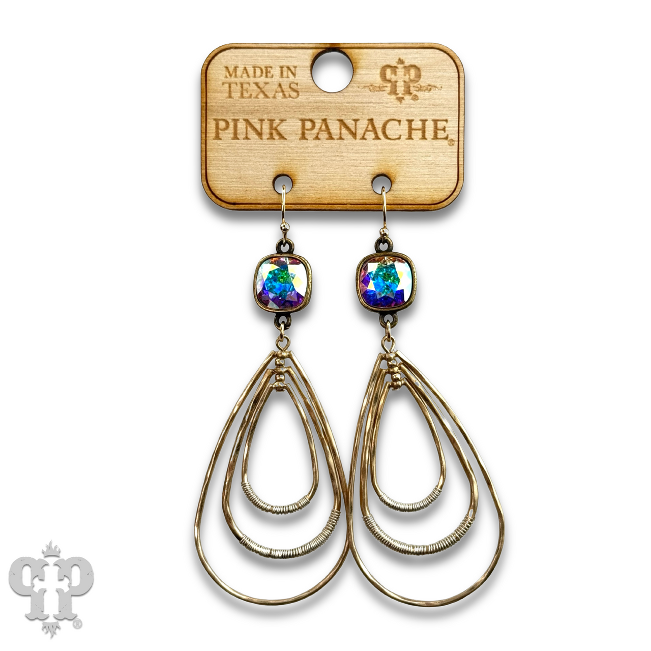 Matte gold triple teardrop earring with Austrian crystal
