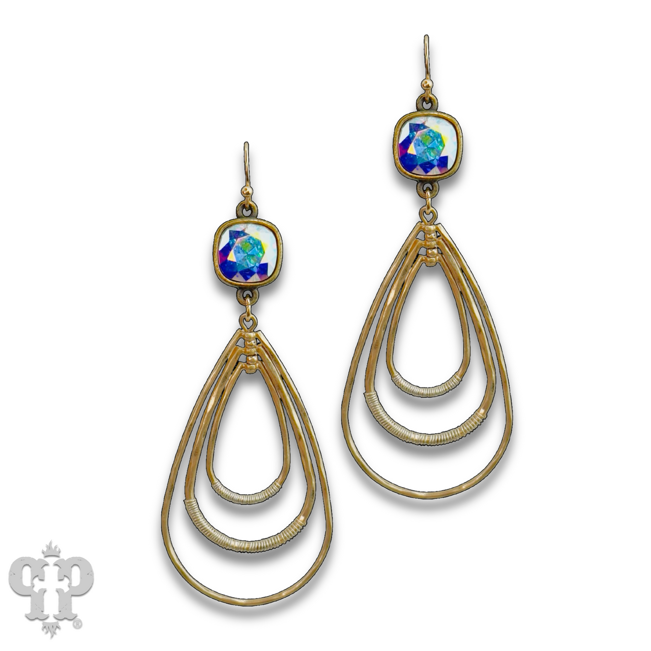 Matte gold triple teardrop earring with Austrian crystal