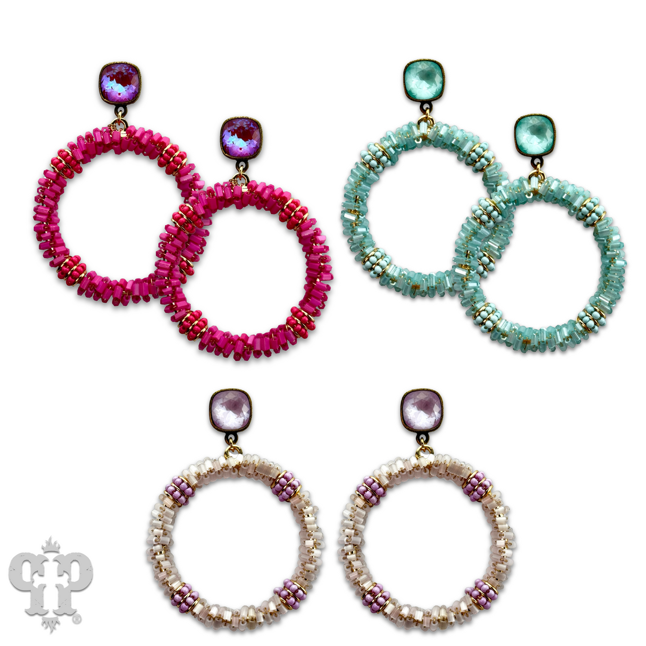 Seed and tube bead circle earring with Austrian crystal