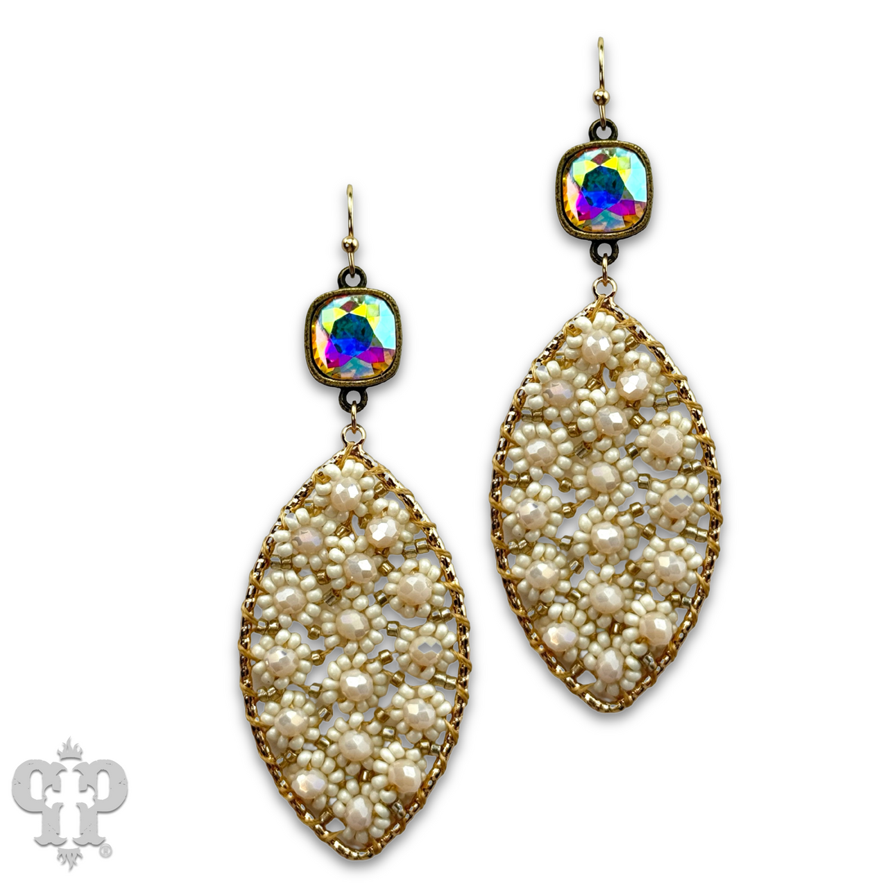 Woven flower bead diamond shape earring