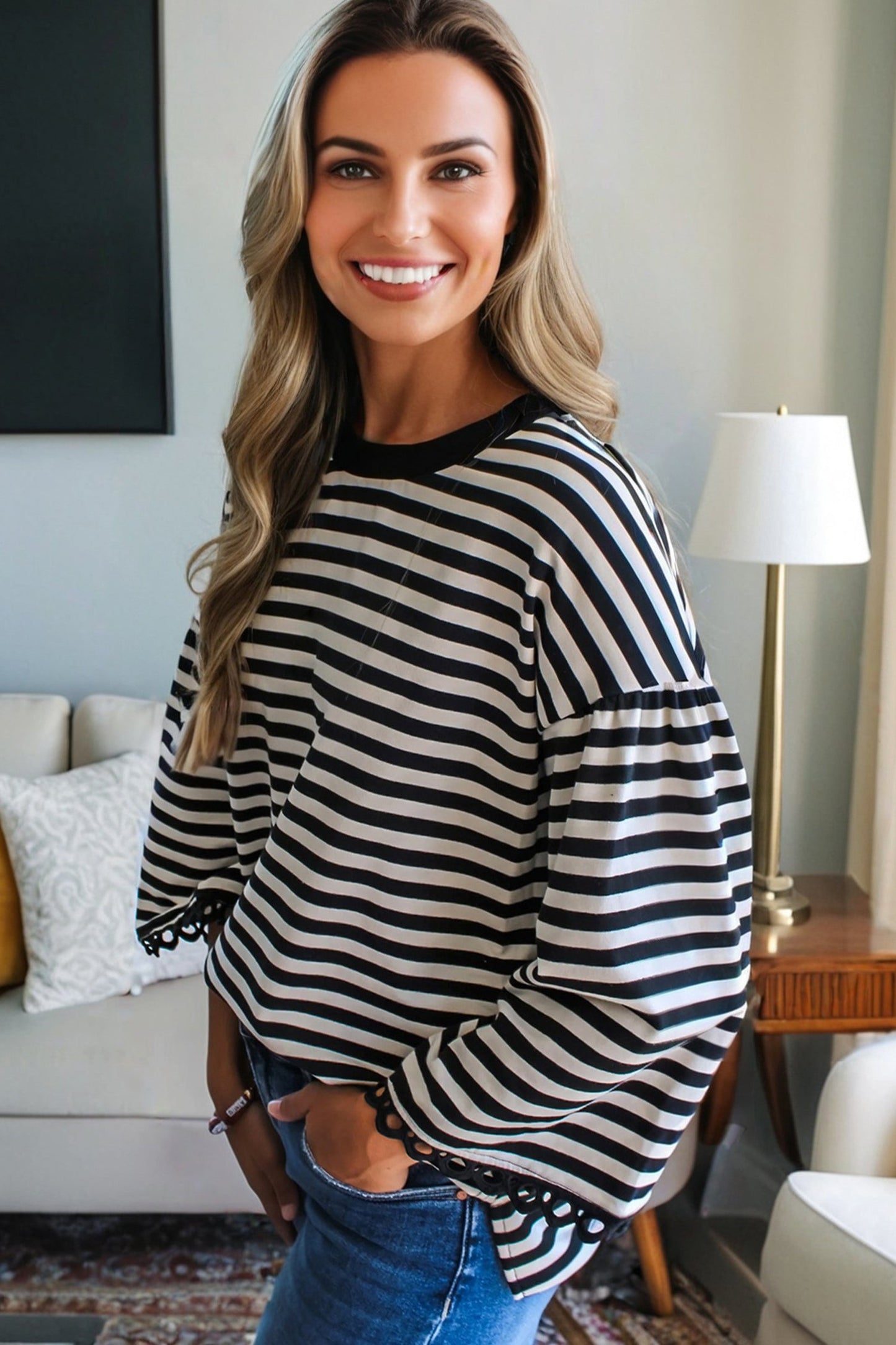 Stripe Lace Trim 3/4 Sleeve Top