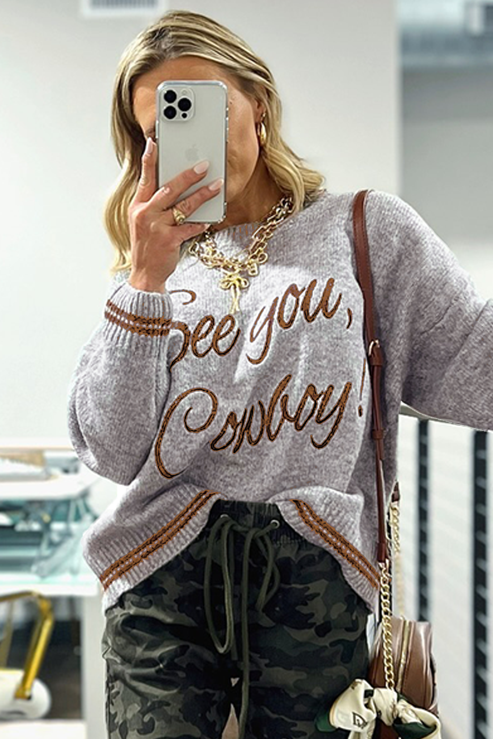 Peach Blossom Letter Embroidered Graphic Sweater