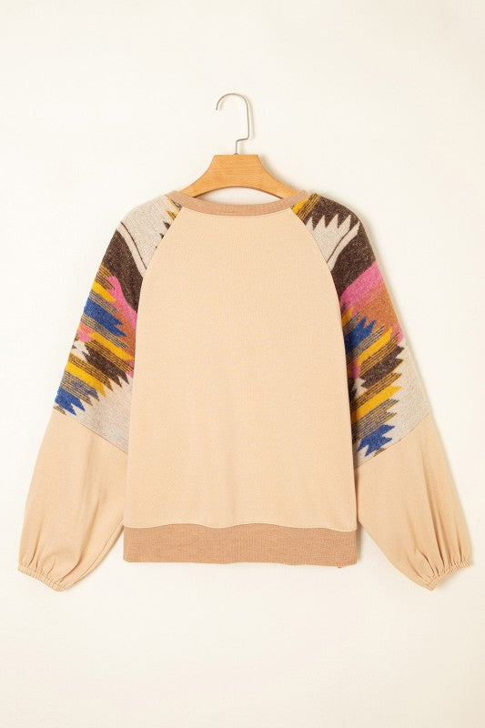 Logan Aztec Patchwork Raglan Pullover Sweatshirt