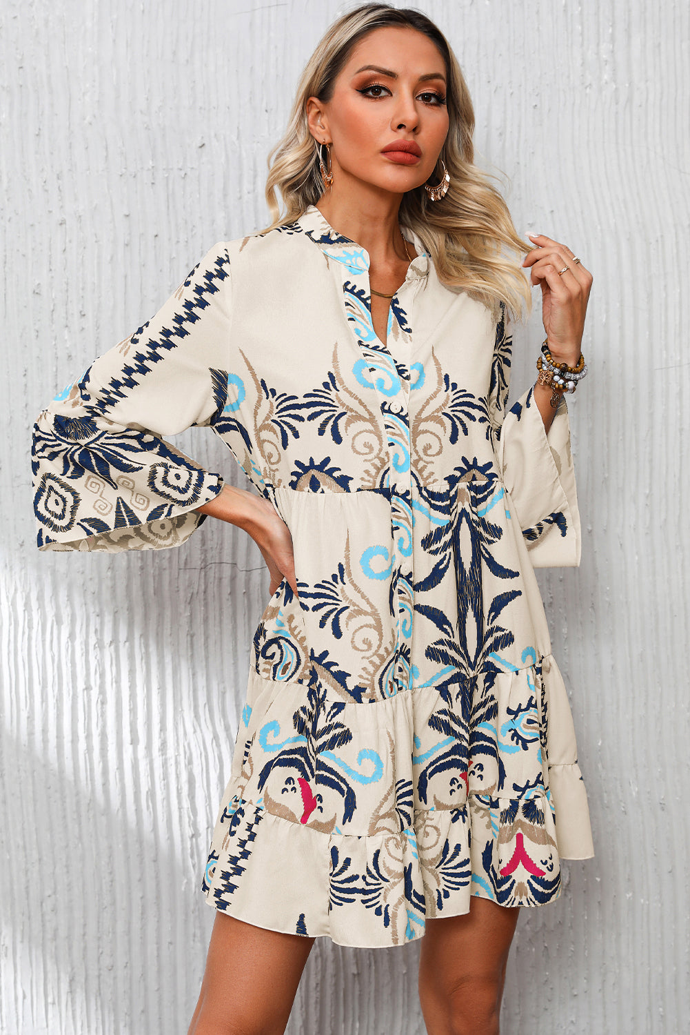 Boho Buttoned V-Neck 3/4 Sleeve Mini Dress