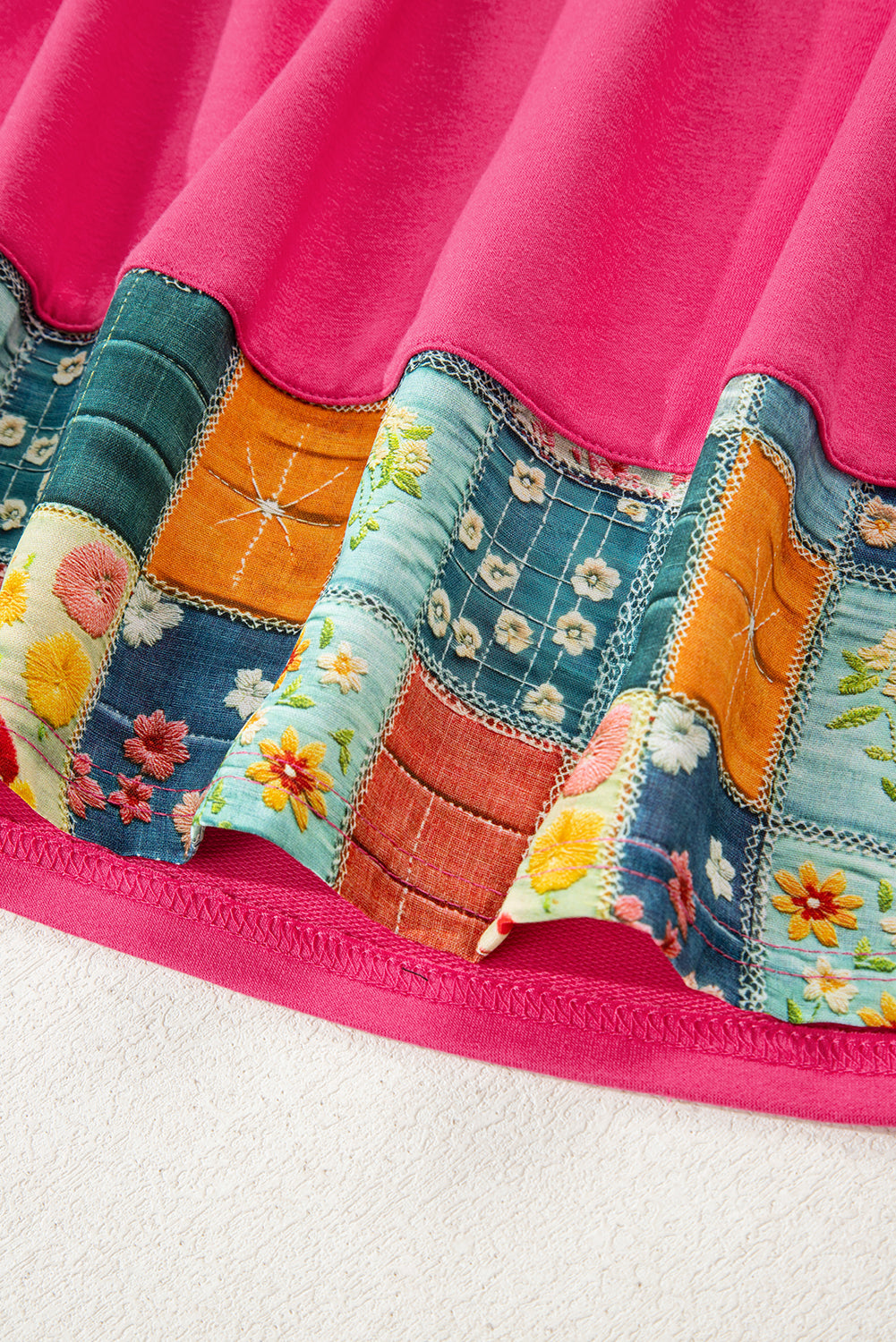 Strawberry Pink Floral Hemline Patchwork Round Neck Casual Top