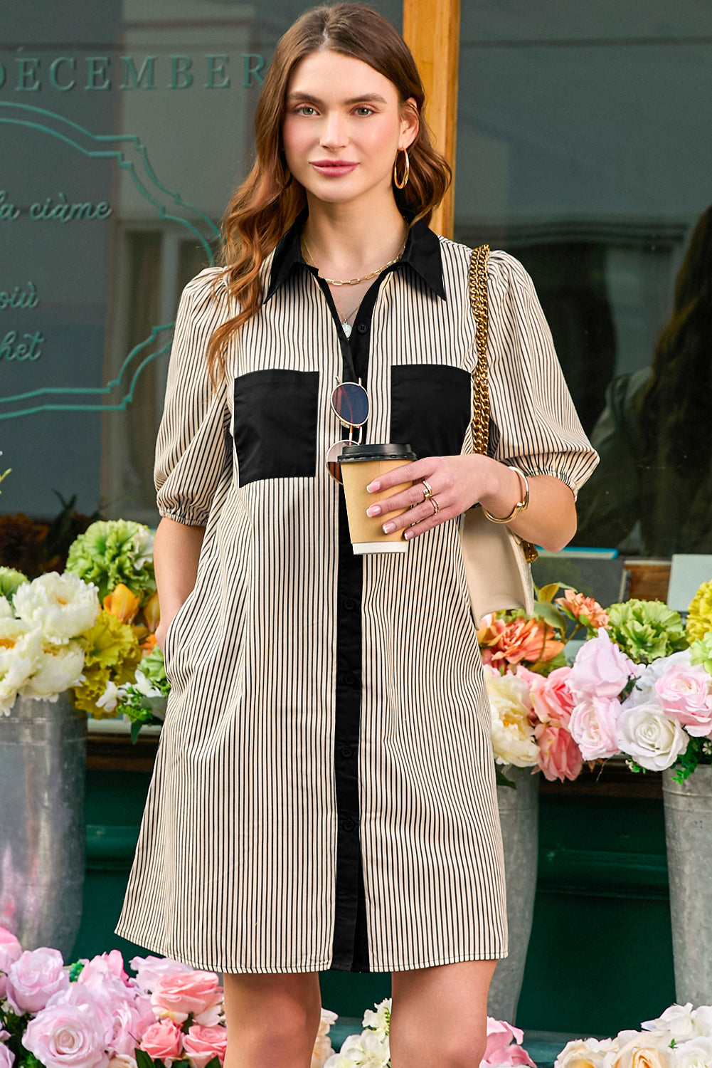 Button-Down Shirt Collar Patchwork Mini Dress