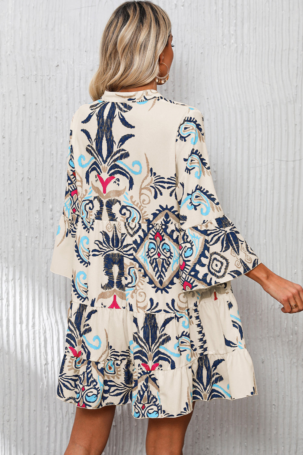 Boho Buttoned V-Neck 3/4 Sleeve Mini Dress