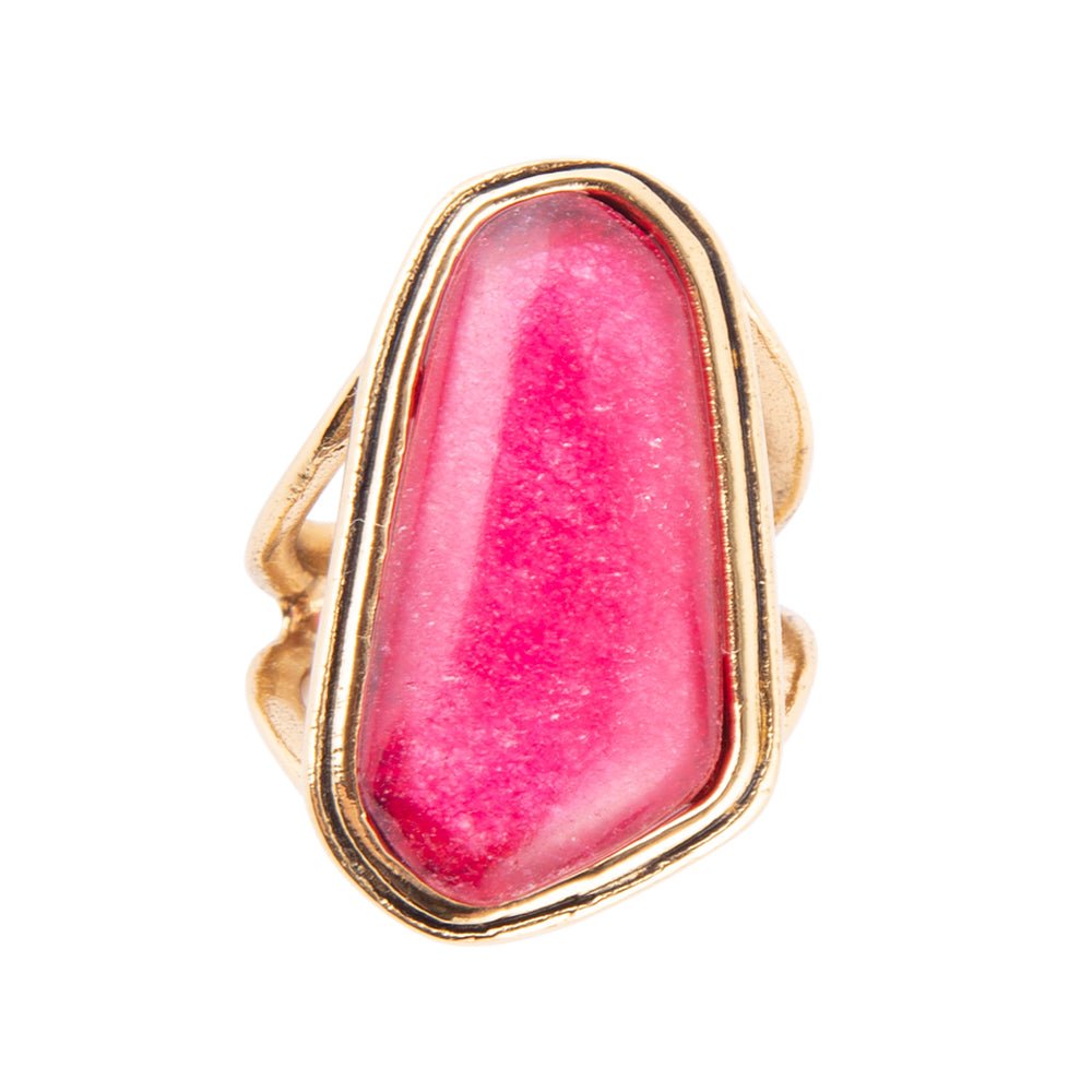 Pink Fuchsia Agate and Golden Abstract Ring