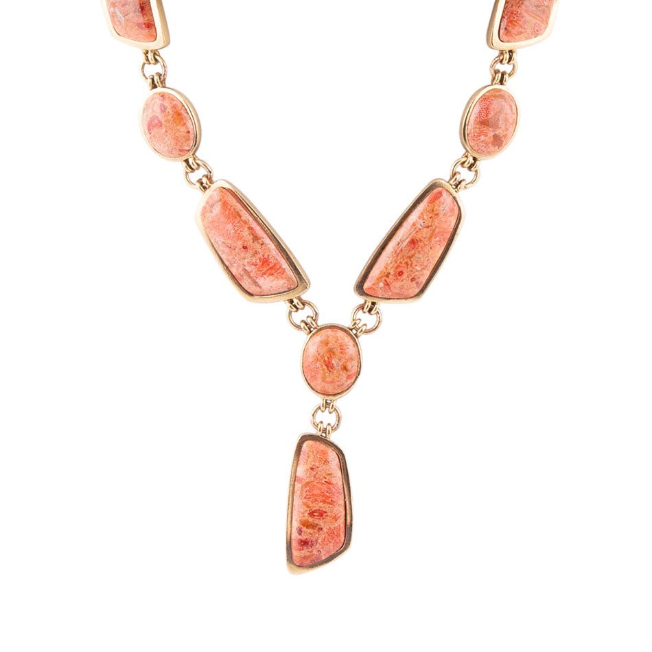 Genuine Orange Sponge Coral Golden Abstract Statement Necklace