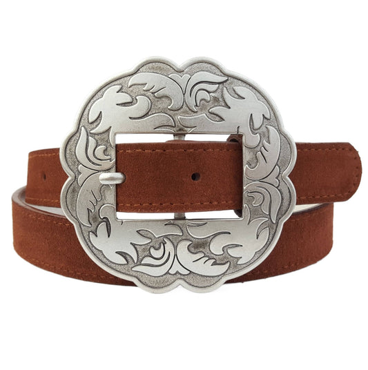 Genuine Suede Leather Belt w. Western Floral Buckle