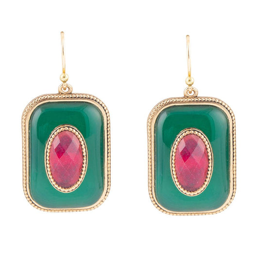 Green Onyx Stacked Red Stone Golden Drop Earrings