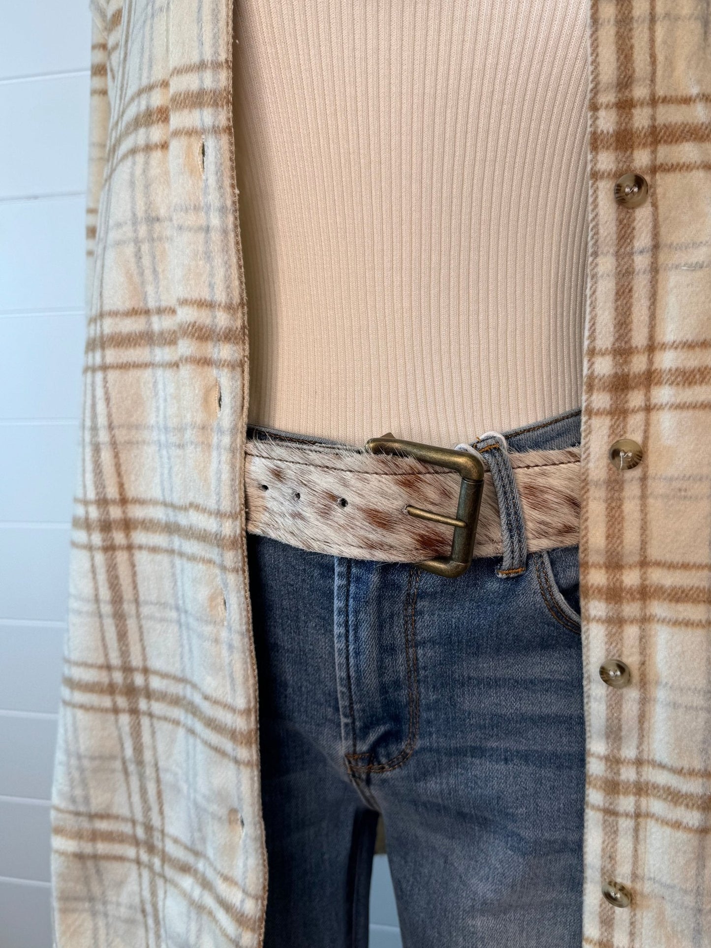 Hair on Hide Tan Brindle Leather Belt with Antique Belt Buckle - Large/XL