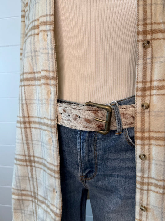 Hair on Hide Tan Brindle Leather Belt with Antique Belt Buckle - Large/XL